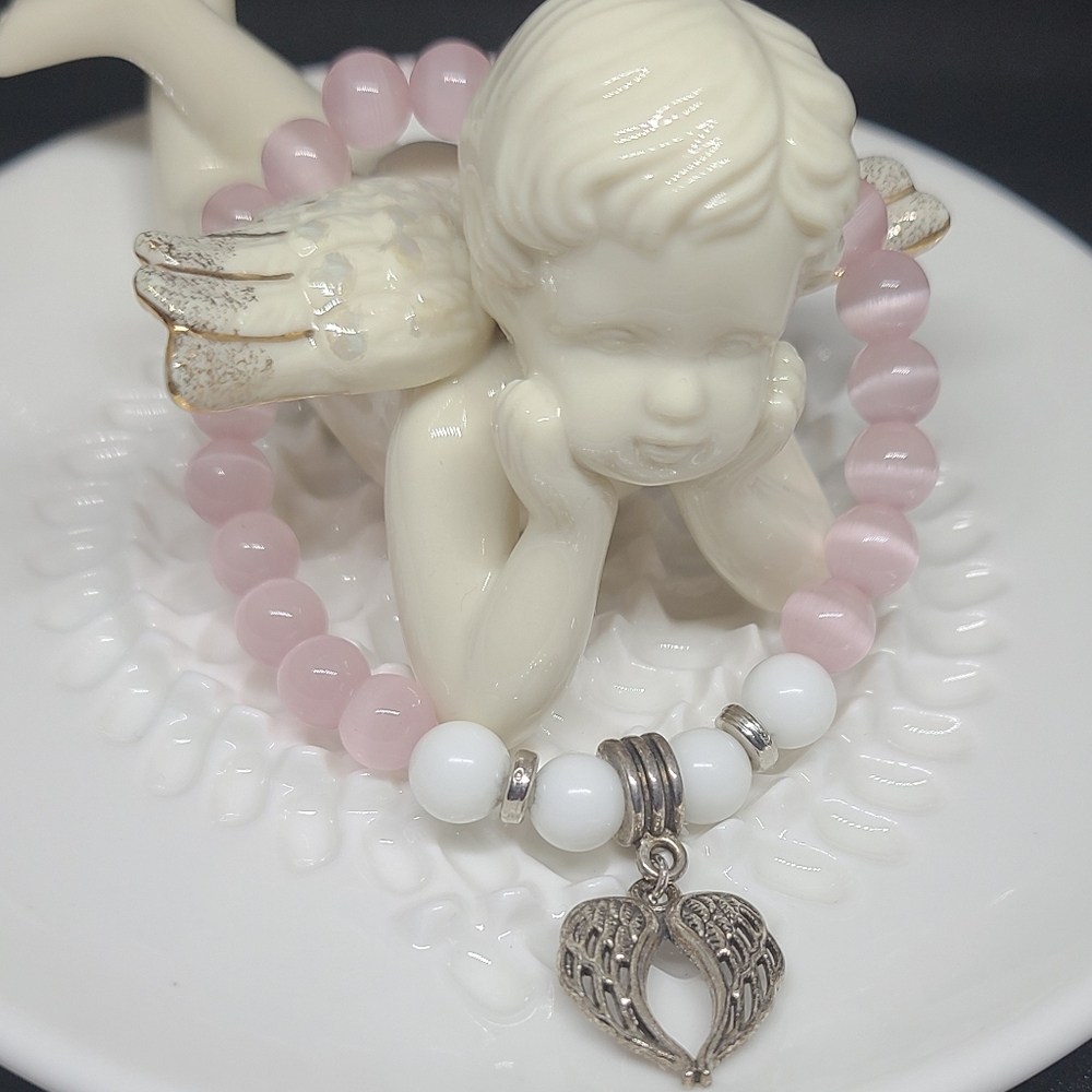 Pink Cat Eye and White Natural Stone Bead Stretch Bracelet with Wing Charm